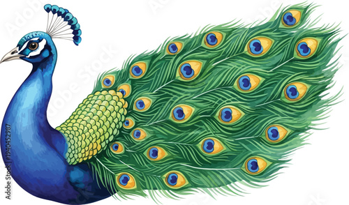 A vibrant peacock with stunning green, blue, and yellow feathers stands proudly on a white background