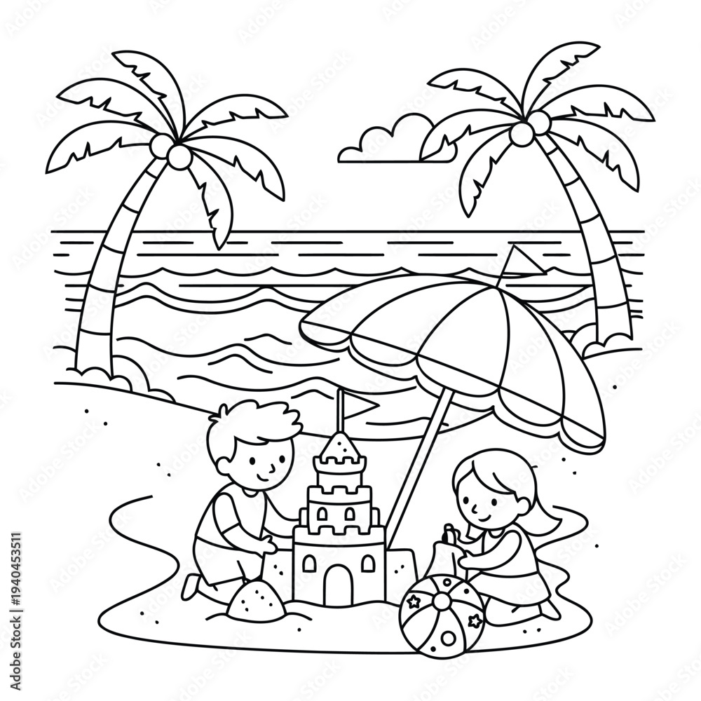 Obraz premium Kids building sandcastle under beach umbrella with ocean waves coloring page scene