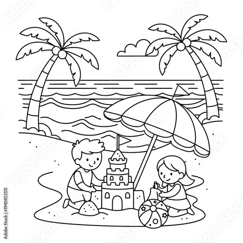 Kids building sandcastle under beach umbrella with ocean waves coloring page scene