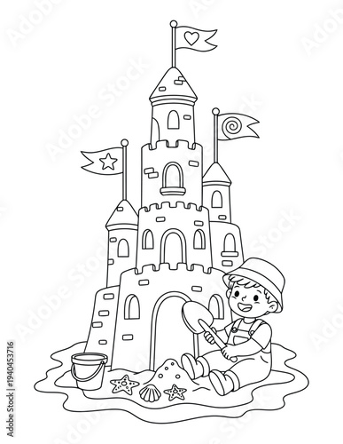 Sandcastle coloring page showing happy kid building tall beach castle with shovel
