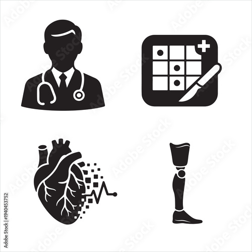 Medical icons featuring a doctor heart prosthetic leg and calendar on transparent background silhouette