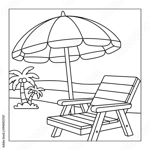 Beach umbrella and wooden lounge chair on tropical seaside coloring page scene