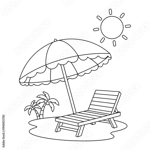 Beach umbrella and lounge chair under sunny sky tropical beach coloring page