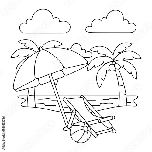 Beach umbrella lounge chair and beach ball on tropical seaside coloring page