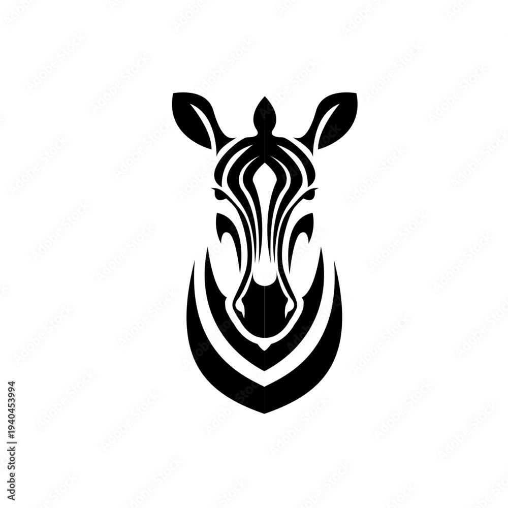 Obraz premium Abstract Zebra Head Illustration. Minimalist Black and White Graphic Design of Wild Animal Face, Symmetrical Tribal Style.