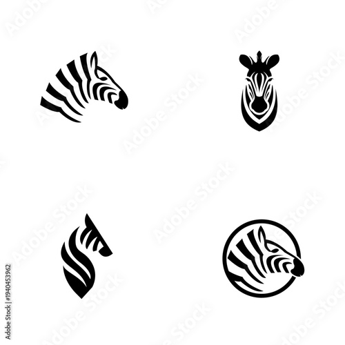 Zebra Head Logo Designs Set, Abstract Striped Animal Icons Collection in Black and White