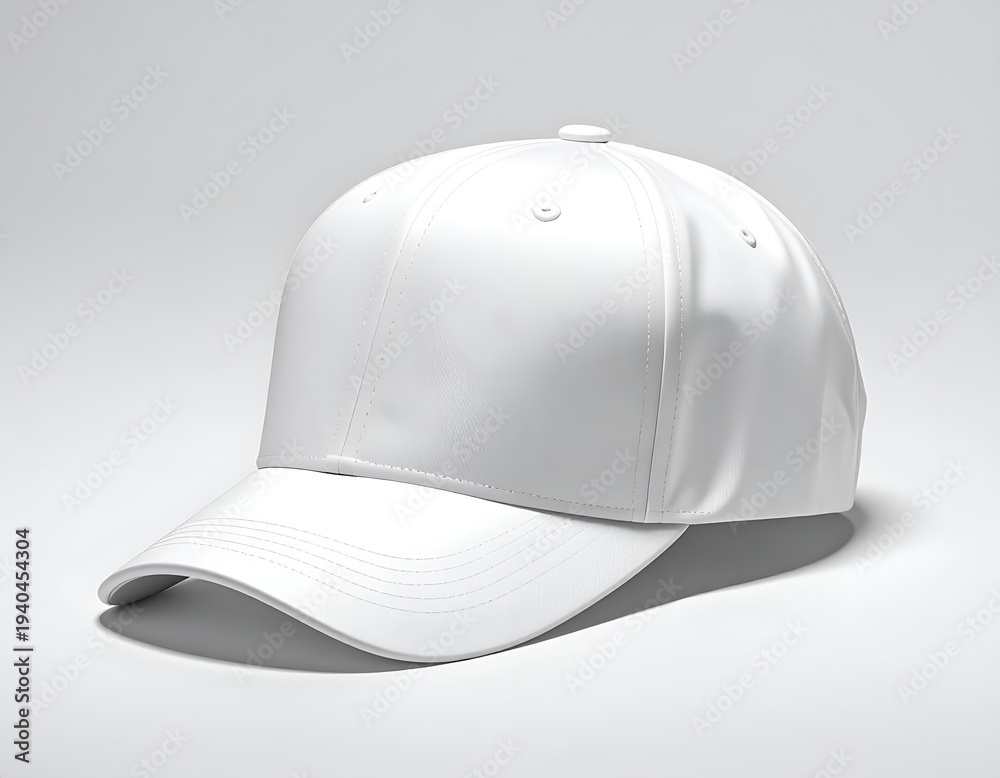 Fototapeta premium Plain white baseball cap with curved brim, clean, simple, studio