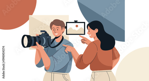 Cartoon Man Holding Camera Woman Directing.