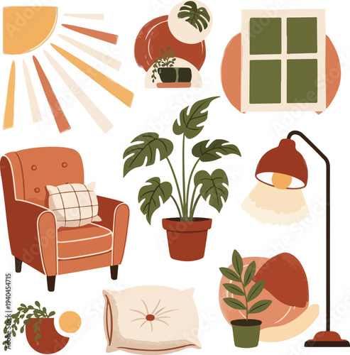 Boho Spring Interior Elements with Houseplants and Terracotta Decor