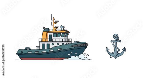 Tugboat and Anchor Illustration Side View.