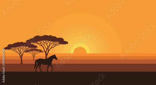 Horse Running Under Acacia Trees Silhouette.