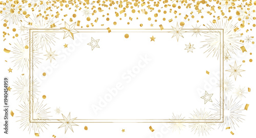 A gold confetti and star decorated frame on a white background for celebrations and special occasions