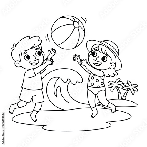 Beach scene with happy children tossing a ball beside ocean waves in playful line art