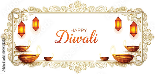 A festive Diwali greeting card with traditional Indian lanterns and diyas