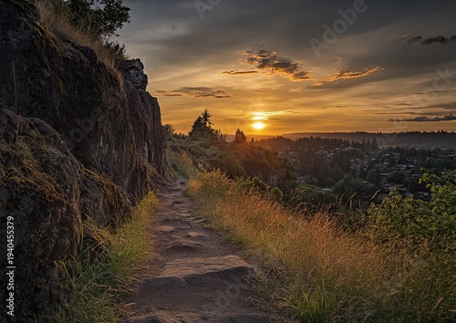 Sunset path on rocky hillside