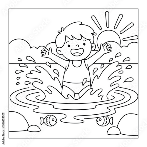 Swimming boy splashing water happily in sunny ocean scene playful line art