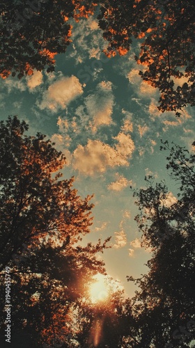 Autumn sun peeking through trees