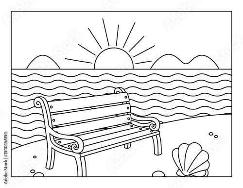 Beach bench illustration facing ocean waves and sunset on peaceful seaside shore