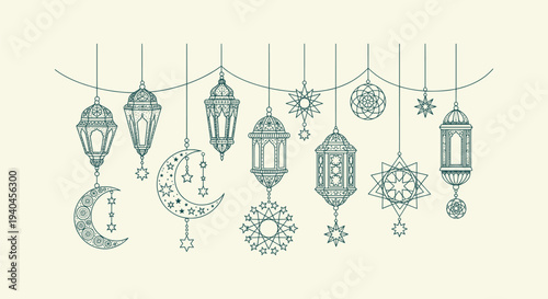 Arabic Lanterns Crescent Moon and Stars Line Art Decoration for Ramadan Kareem and Eid Mubarak Banner