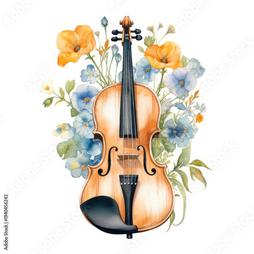 Watercolor Violin Among Flowers, clipart Illustration, Generative Ai