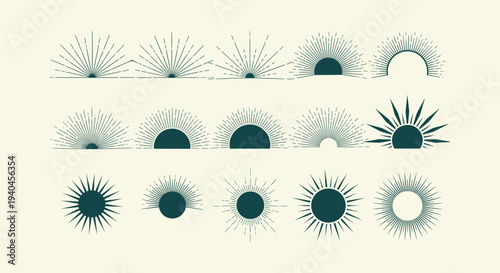Minimalist Boho Sunburst Vector Collection, Celestial Sunrise and Sunset Linear Line Art Icons.