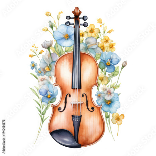 Watercolor Violin Among Flowers, clipart Illustration, Generative Ai