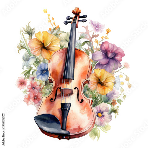 Watercolor Violin Among Flowers, clipart Illustration, Generative Ai