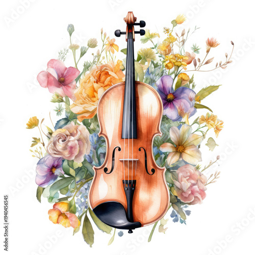 Watercolor Violin Among Flowers, clipart Illustration, Generative Ai