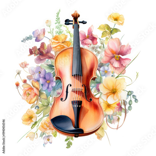 Watercolor Violin Among Flowers, clipart Illustration, Generative Ai