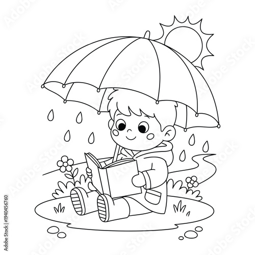 Rain illustration showing child reading book under umbrella during rainy day
