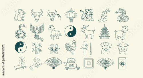 Collection of Chinese Zodiac Animals Icons and Lunar New Year Cultural Symbols in Line Art Style.