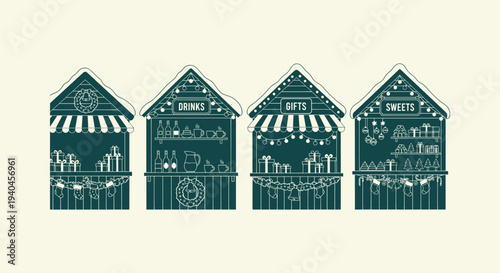 Vector Illustration of Christmas Market Stalls for Drinks Gifts and Sweets on a Plain Background