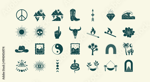 Set of Bohemian Western Desert Mystical Icons Featuring Cactus Sun Moon Snake and Skull Symbols.