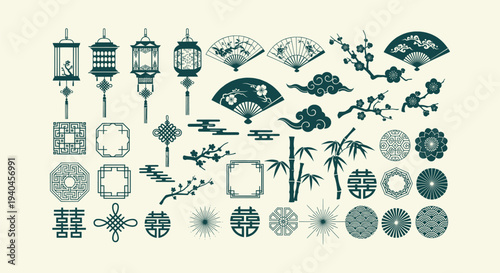 Set of traditional Chinese design elements including lanterns, folding fans, bamboo and blossoms.
