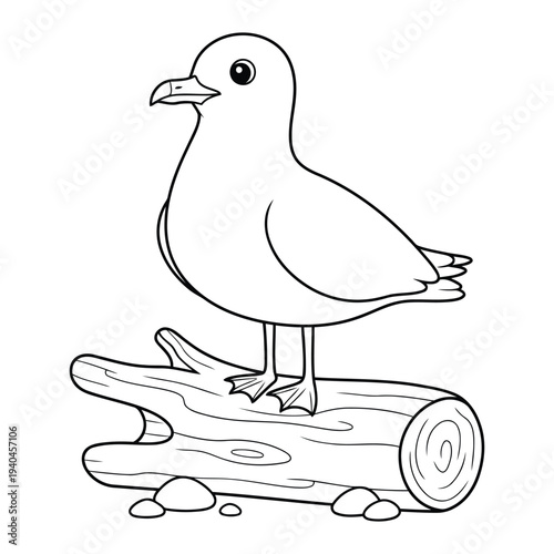 Seagull illustration standing on driftwood log in simple coastal outline style