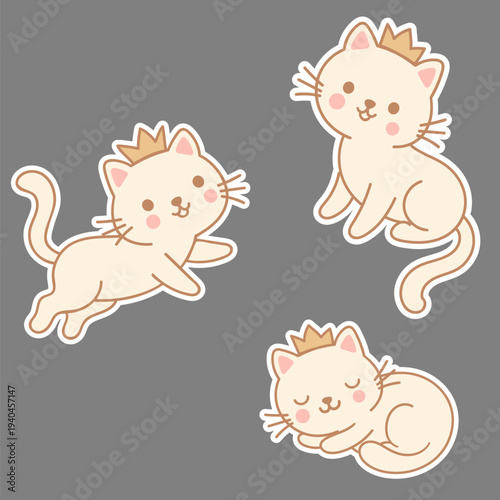 Cute Kawaii Princess Cat Sticker Set, Adorable Cartoon Kitty Characters with Crown.s ticker pack