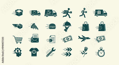 Professional Fast Delivery and Logistics Icon Set: Shipping, Food, Retail, Business, and Service.