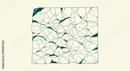 Abstract Crumpled Paper Texture Illustration with Hand Drawn Dark Green Lines on Beige Background