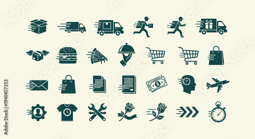 Express Delivery and Logistics Icon Set with Fast Shipping, Courier, and Commercial Service Symbols