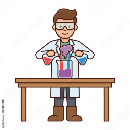 Chemist Mixing Red and Blue Liquids Creating Chemical Reaction