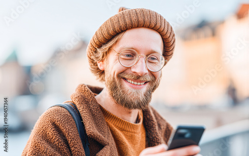 A smiling man wearing glasses and a beanie looks at his smartphone outdoors in an urban setting.