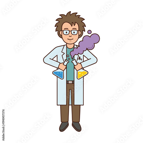 Mad Scientist Character Combining Chemical Compounds in Flasks