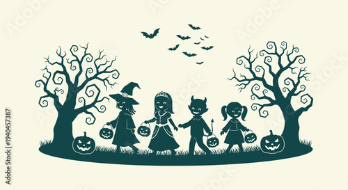Halloween Silhouette of Kids in Costumes Trick or Treating Spooky Forest with Pumpkins and Bats.