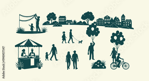 Silhouettes of People at a Local Community Park Festival with Food Stall and City Skyline Scenery