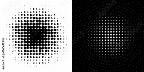 Halftone Circular Dot Pattern. Circle Frame using Halftone Dots Raster Texture. Polka Dots. Spiral logo Icon. Radial design element. Vector Illustration.