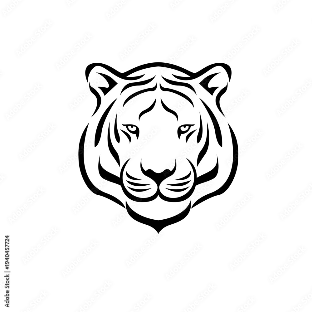 Obraz premium Tiger Head Logo Design, Stylized Black and White Animal Symbol, Minimalist Wild Cat Face Icon for Sports Branding or Team Mascot