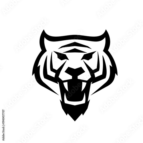 Fierce Roaring Tiger Head Mascot Logo Vector Illustration in Stylized Black and White