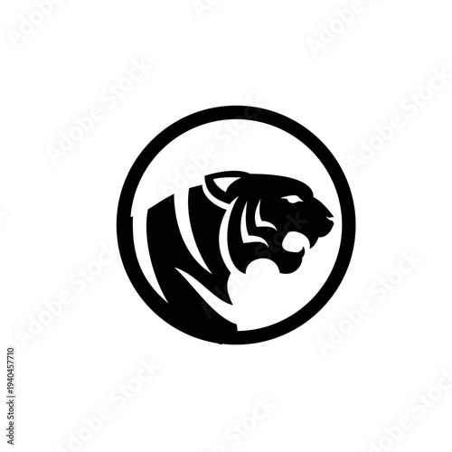 Black Tiger Head Roaring Silhouette in Circular Logo Design
