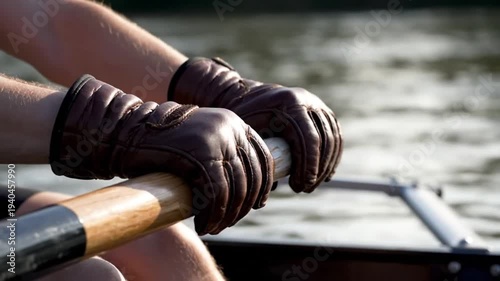 Close-up of a person's hands wearing leather gloves, gripping a wooden oar while rowing a boat on the water
