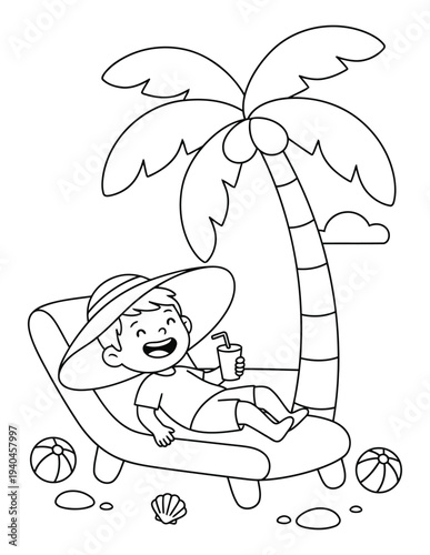 Kid relaxing on beach chair with drink under palm tree in tropical summer seaside scene